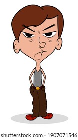 Grumpy cartoon man with big empty pockets
