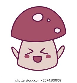  A grumpy cartoon mushroom with furrowed eyebrows, red cap with white dots, and a pouty expression. Cute yet cranky