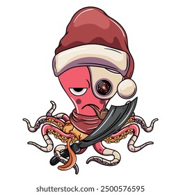 A grumpy cartoon octopus pirate with a Santa hat, eyepatch, and cyborg eye, smoking a pipe and holding a sword. Illustration for fantasy, science fiction and adventure comics