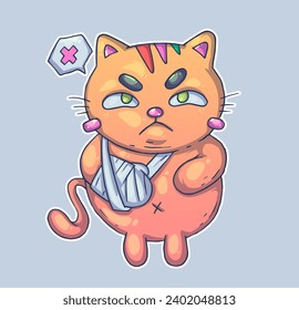 A grumpy cat with a broken paw. Cartoon vector character. Trendy style. Vector illustration. svg