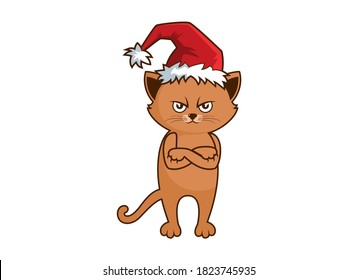 Grumpy cat with Christmas hat icon vector. Funny angry Christmas cat cartoon character. I Hate Christmas Cat in a Santa hat icon isolated on a white background. Red cat with arms crossed vector