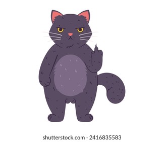 Grumpige Katze ein fett flauschiger Graue mit gelben Augen. Ein frustrierter Charakter, der nichts mag. Er zeigt Pfoten mit seinem Mittelfinger