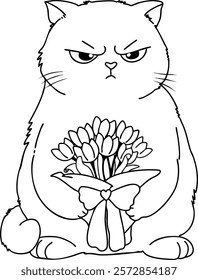 Grumpy Cat with Flowers Bouquet as Valentine Gift Coloring Page Illustration