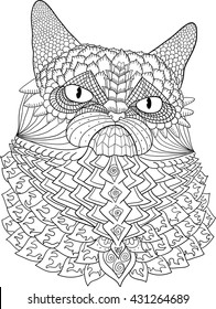 Grumpy Cat. Hand-Drawn Animal Coloring Book Page For Adults. Design For Spiritual Relaxation. Vector Illustration Isolated On A White Background.