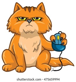 Grumpy Cat Holding Computer Mouse Cartoon Vector Illustration