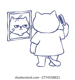 Grumpy cat looking at reflection in the mirror morning routine illustration