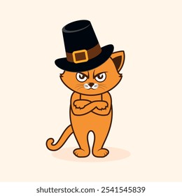 Gato gruñón con Ilustración vectorial de sombrero de peregrino. Personaje de dibujos animados de gato enojado de acción de gracias. Gato naranja divertido con los brazos cruzados icono Vector. Gato odia el dibujo de acción de gracias