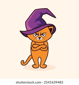 Gato gruñón con Ilustración vectorial de sombrero de bruja púrpura. Personaje de dibujos animados de gato brujo de halloween enojado. Gato naranja divertido con los brazos cruzados icono Vector. Gato odia el dibujo de halloween