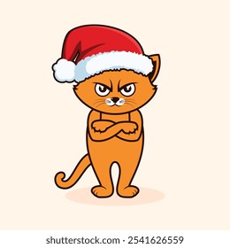 Grumpy cat with santa hat vector illustration. Angry christmas cat cartoon character. Funny orange cat with arms crossed icon vector. Cat hates christmas drawing