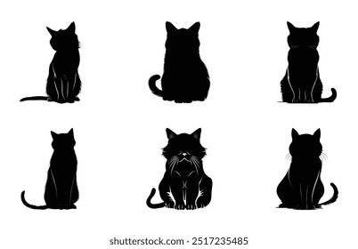 Grumpy Cat Silhouette Clipart Bundle, Black Cat Sitting Vector Silhouette Set