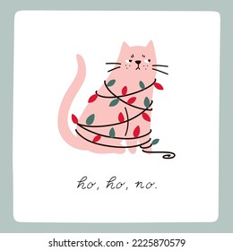 Grumpy Christmas cat decorated with garlands. Cartoon vector style