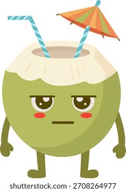 Grumpy Coconut Drink Character with Straws and Umbrella