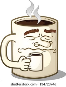 Grumpy Coffee Mug Cartoon Character Holding A Smaller Mug