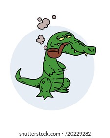 Grumpy crocodile smoking pipe, hand drawn cartoon image. Freehand artistic illustration.