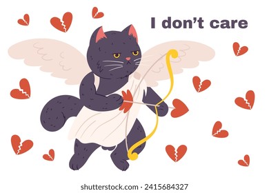 Grumpige, würzige Katze, die in einem weißen Tuch fliegt, mit Pfeil und Bogen in Pfote mit Flügeln hinter ihm. Angeriebter Charakter, der Valentinstag und Text nicht mag - das interessiert mich nicht