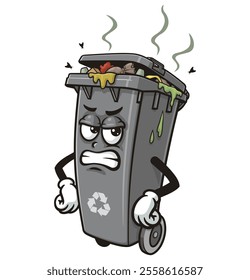 Grumpy dirty black Trash Bin Cartoon Character Mascot Illustration Vector Clip-art Hand-drawn Logo Design