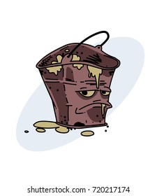 Grumpy dirty bucket, hand drawn cartoon image. Freehand artistic illustration.