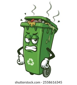 Grumpy dirty Trash Bin,  Cartoon Character Mascot Illustration Vector Clip-art Hand-drawn Logo Design