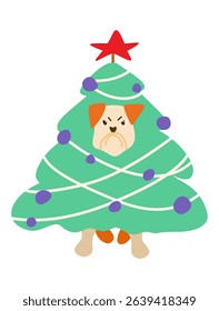 Grumpy Dog dressed as a Christmas Tree with red star on top
