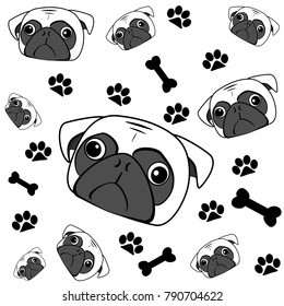 grumpy dog face, bone and footprint in flat cartoon style. Background vector graphic design.