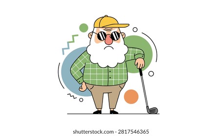 Grumpy elderly golfer wearing sunglasses and a cap leaning on a golf club with a displeased expression in a simple graphic style.