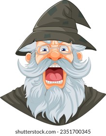 A grumpy elderly man wearing a wizard hat with a beard and mustache