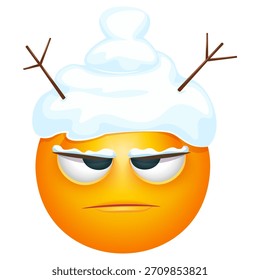 Grumpy emoji with snow piled on its head. Funny winter mood emoticon on white background.