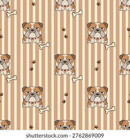 Grumpy English bulldog seamless pattern with bones and paws on stripes