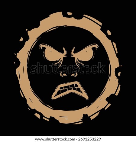 Grumpy Face Illustration in Distressed Circle Moody Angry Face Sketchy Anger Expression Graphic Art Aggressive Outburst
