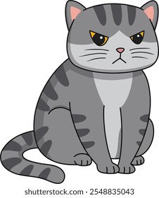 Grumpy Fat Gray Tabby Cat, Cartoon, Vector Illustration