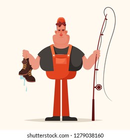 Grumpy Fisherman Holding Dirty Shoes. Cartoon Style. Vector Illustration
