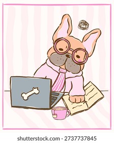 Grumpy French bulldog work from home on Laptop, burnout lazy cartoon hand drawn whimsical derp funny struggle sleepy illustration