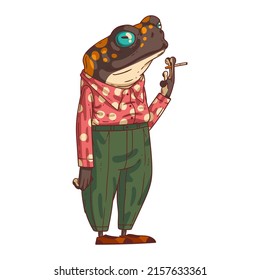 A Grumpy Frog, isolated vector illustration. Frowning elegant anthropomorphic toad, wearing a polka dot shirt, smoking a cigarette looking at something strictly. An animal character with a human body