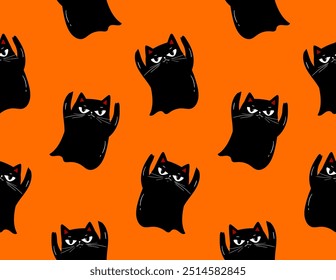 Grumpy ghost hand drawn black cats pattern on orange, cute halloween seamless pattern, great as background, textiles, banners, wallpapers, wrapping, vector design