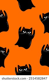 Grumpy ghost hand drawn black cats pattern on orange, cute halloween seamless pattern, great as background, textiles, banners, wallpapers, wrapping, vector design