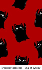 Grumpy ghost hand drawn black cats pattern on red, cute halloween seamless pattern, great as background, textiles, banners, wallpapers, wrapping, vector design