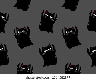 Grumpy ghost hand drawn black cats pattern on grey, cute halloween seamless pattern, great as background, textiles, banners, wallpapers, wrapping, vector design