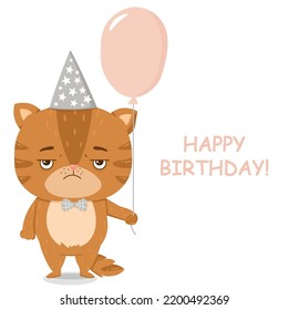 Grumpy Ginger Cat Rejoicing At His Birthday. Vector Cute Illustration.