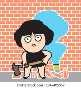 Grumpy Girl Breaking Through Brick Wall With A Hammer In Her Hands. Character Illustration Card Concept