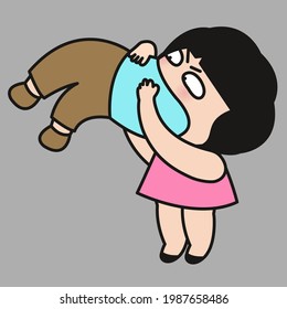 A Grumpy Girl is Eating Her Lover Boy. Couple Life Concept Card Character illustration