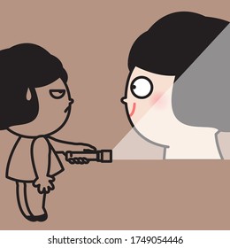 Grumpy Girl Holding A Flashlight, Finding Herself In Good Mood In Spotlight. Discover The Real You To Be Happier Concept Card Character illustration