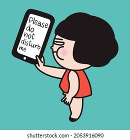 Grumpy Girl Is Holding A Mobile Phone To Show Someone Please Do Not Disturb Sign. Using Smartphone, Close-up On Phone Screen Concept Card Character Illustration