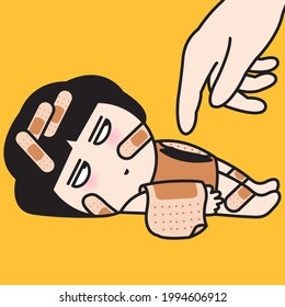 Grumpy Girl With Plaster On Her Full Body Gets Angry When Human's Hand Is Touching Her Stomach Wound. Woman Feeling Too Pain To Recover Her Own Emotional Injuries Concept Card Character illustration