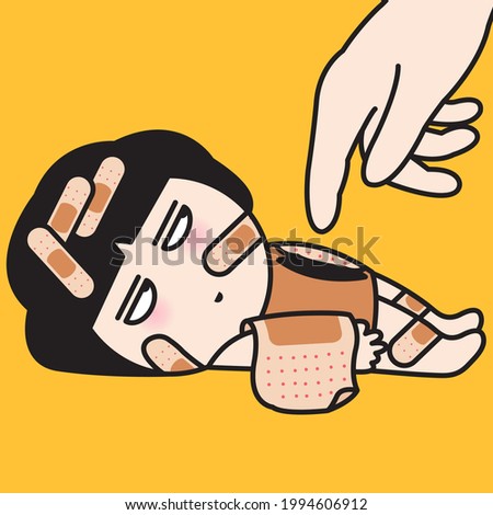 Grumpy Girl With Plaster On Her Full Body Gets Angry When Human's Hand Is Touching Her Stomach Wound. Woman Feeling Too Pain To Recover Her Own Emotional Injuries Concept Card Character illustration