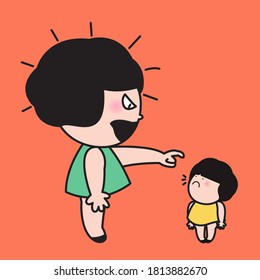 Grumpy Girl Pointing At Unhappy Miniature Size And Scale Of Her Ownself Concept Card Character illustration