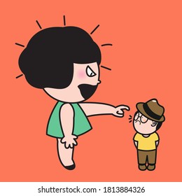 Grumpy Girl Pointing At Unhappy Miniature Size And Scale Boy Concept Card Character illustration