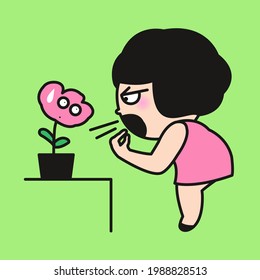 Grumpy Girl is Shouting To The Depressed Flower. The Intimate Relationship Of Plants And People Concept Card Character illustration