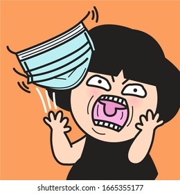 Grumpy Girl Taking Off And Throwing Away Medical Face Mask. Woman Boring To Wear Face Mask Protection Concept Card Character illustration