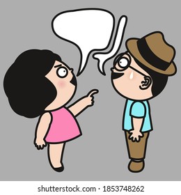 A Grumpy Girl Talking To A Scared Boy With Her Bigger Speech Bubble. Couple In Quarrel Concept Card Character illustration