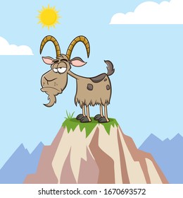 Grumpy Goat Cartoon Mascot Character On Top Of A Mountain. Vector Illustration With Background